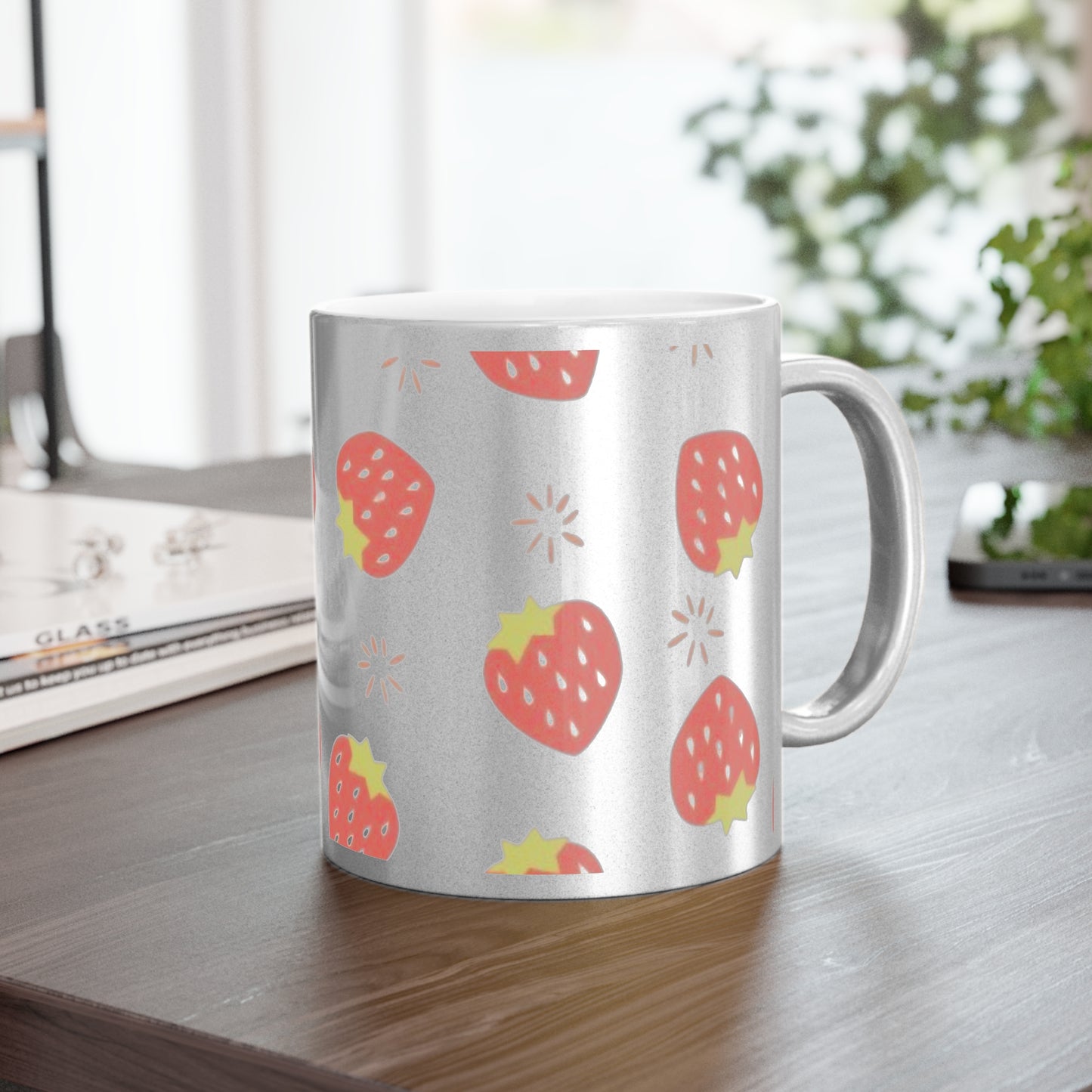 Strawberry-Themed Metallic Mug (Silver/Gold)