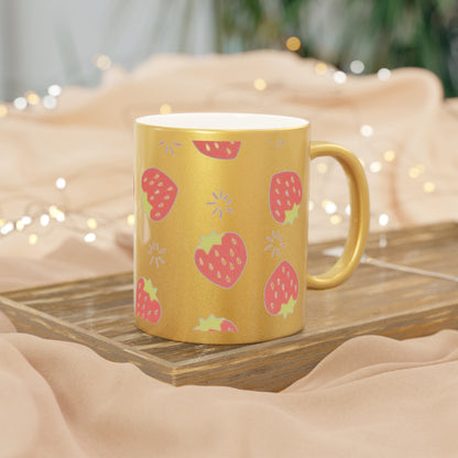 Strawberry-Themed Metallic Mug (Silver/Gold)